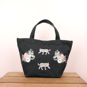 Floral Tiger on Black Canvas Small Handbag - image
