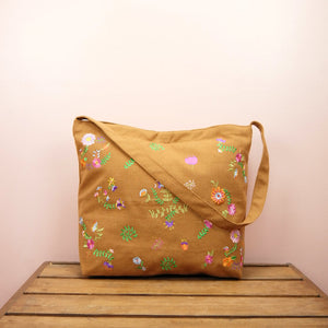 Flowers on Dark Khaki Canvas Medium Sling Bag - image