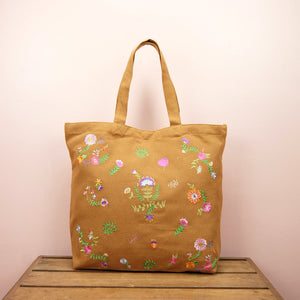 Flowers on Dark Khaki Canvas Shopping Tote - image