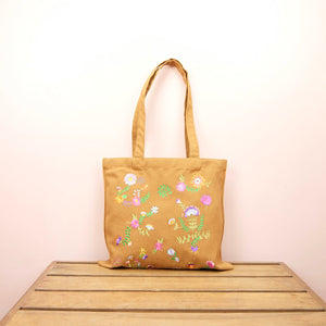 Flowers on Small Dark Khaki Canvas Tote - image