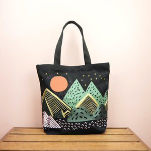 Mountains at Dusk on Black Heavy Canvas Shoulder Tote - image