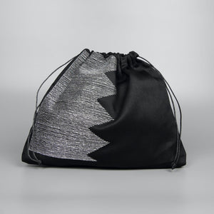 Selena in Silver on Black Twill Drawstring Pouch Handbag - image