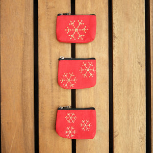 Snowflakes on Red Canvas Coin Purse (two sided embroidery) - image