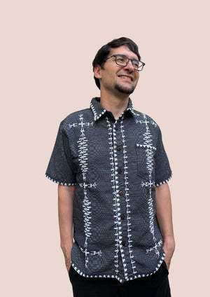 Men's Binakol Polo in dark gray with white Itneg emboridery - image