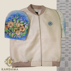 Hand-Painted Floral Puff-Sleeve Bomber Blouse - image