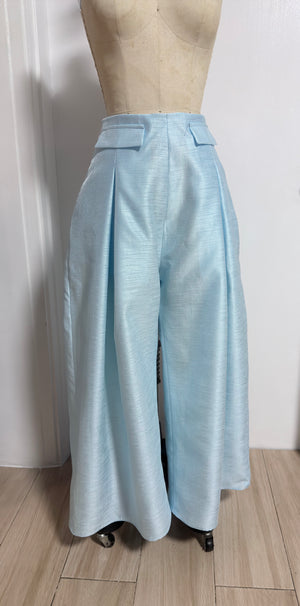 High Waist Front and Back Pleated Wide Hem Pants in Light Blue Gazar - image