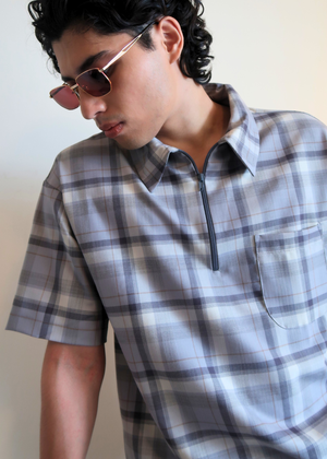 Boxy Half Zip Polo | Gray Plaid - image