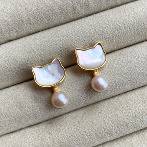 Cat Freshwater Pearl Stud Earrings - image