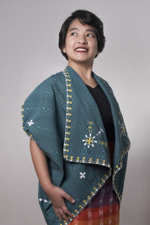 Binakol Poncho - Cape in Turquoise with Itneg Embroidery - image