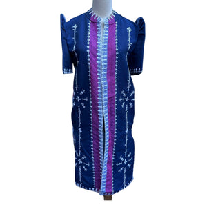 Kantarines Modern Filipinaina in Navy Blue with white Itneg embroidery - image