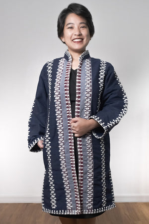 Navy Blue Long Coat in Tiniri Weave with White Itneg embroidery - image