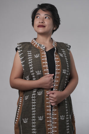 Olive Green Sleeveless Coat with Itneg embroidery - image