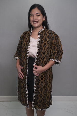 Pinilian Long Coat in Black and Gold Brocade with Itneg Embroidery - image