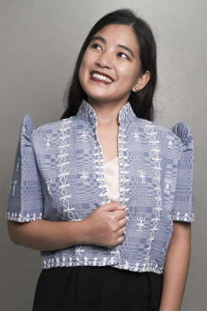 Powder Blue Bolero in Binakol Weave with Itneg embroidery - image