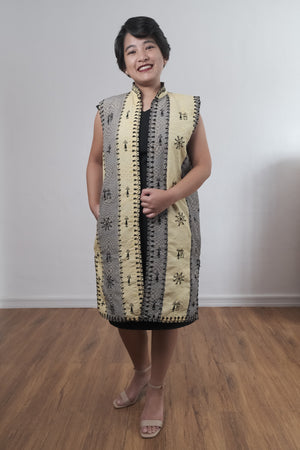 Yellow Sleeveless Coat in Binakol with Itneg Embroidery - image
