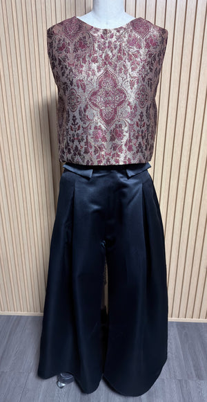 High Waist Front and Back Pleated Wide Hem Pants in Black Duchess Satin - image