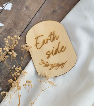 Wooden Newborn Baby Announcement Earth Side in Oval - image