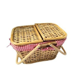 Small Rattan Picnic Basket Snack Basket with Folding Handle, with Red Checkered Cloth - image