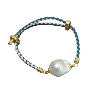 Blue white baroque leather bracelet - image