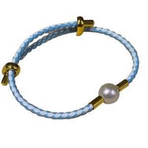 PEARL IN LEATHER Bracelet Baby blue and White - image