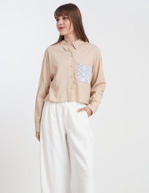 Lexi Longsleeves in Oat with Denim Pocket - image