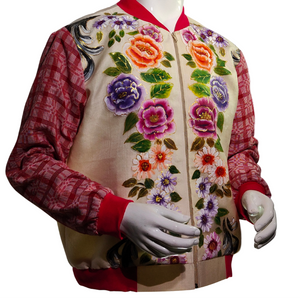 Hand-Painted Floral Bomber Jacket with Indigenous Red Weave Long Sleeves - image