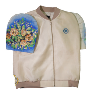 Hand-Painted Floral Puff-Sleeve Bomber Blouse - image