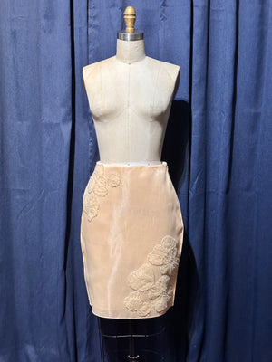 Knee Length Skirt in Light Gold Premium Gazar with Lace - image