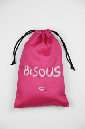 Bisous in Metallic Silver on Fuchsia Twill Medium Drawstring Pouch - image