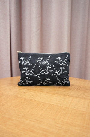 Paper Cranes on Small Denim Zip Up Pouch - image