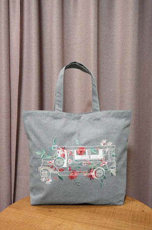 Floral Jeepney on Gray Canvas Shopping Tote - image