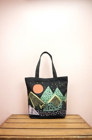 Mountains at Dusk on Black Heavy Canvas Shoulder Tote - image