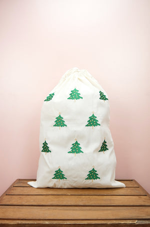 Cute Christmas Trees on Light Canvas Santa Sack - image