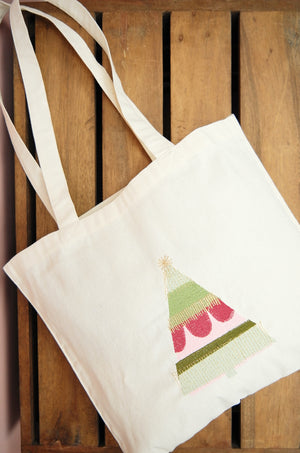 Pink and Green Christmas Tree on Natural Canvas Small Tote - image