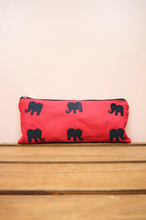 Elephants on Red Canvas Zip Up Pouch - image
