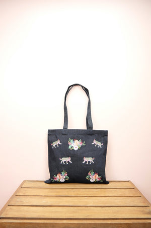 Floral Tiger on Small Dark Denim Tote - image