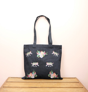 Floral Tiger on Small Dark Denim Tote - image