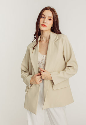 Dahlia Beige Peak Collar Lapel Double-Breasted Long Sleeve Blazer Top - image