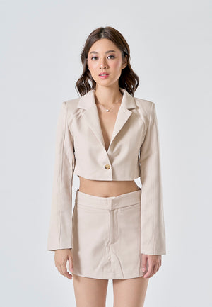 Vica Cream Notched Collar V Neck Long Sleeves Crop Blazer - image