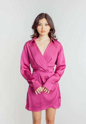 Aylin Fuchsia Pink Turn Down Collar V Neck Overlap Long Sleeves Ruched Side Mini Dress - Fuchsia Pink / Small - image