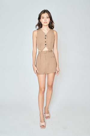 Daison Khaki Stripes Side Pleated Mini Skirt - image