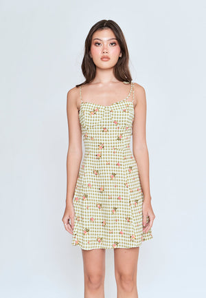 Jiya Green Checkered Floral All Over Print Self Tie Mini Dress - Green Checkered / Small - image