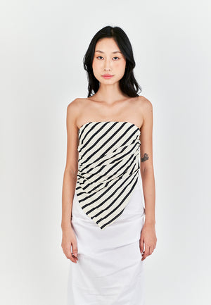 Caprice Black and Beige Stripes Sexy Back Pleated Side Zipper Tube Top - image