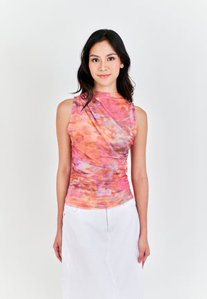 Radha Multi Color Tie Dye Crew Neckline Pleated Mesh Top - Multi Color / Medium - image