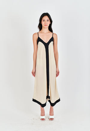 Avi Beige with Black Edges V Neck Adjustable Spaghetti Strap Midi Dress - image