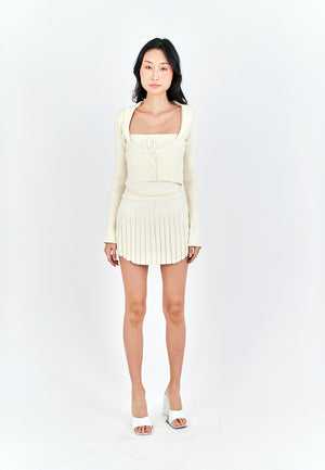 Nikko Cream Knitted Drawstring Waist Pleated Mini Skirt - image