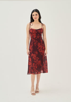 Armelle Wine Red Floral All Over Print Shaped Bust Sleeveless Self Tie Side Slit Midi Dress - image