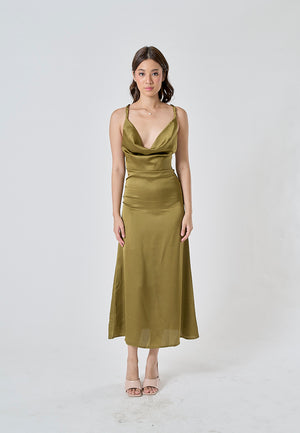 Odelia Green Satin Cowl Neckline Hollow Out Criss Cross Back Sleeveless Midi Dress - Green / Small - image