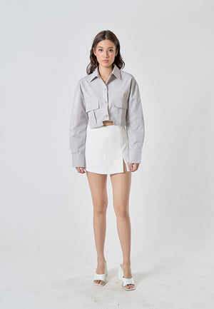 Zenith Ash Gray Turn Down Collar Front Pockets Button Up Long Sleeves Polo Crop Top - Ash Gray / Medium - image