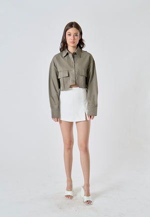 Zenith Moss Green Turn Down Collar Front Pockets Button Up Long Sleeves Polo Crop Top - Moss Green / Medium - image